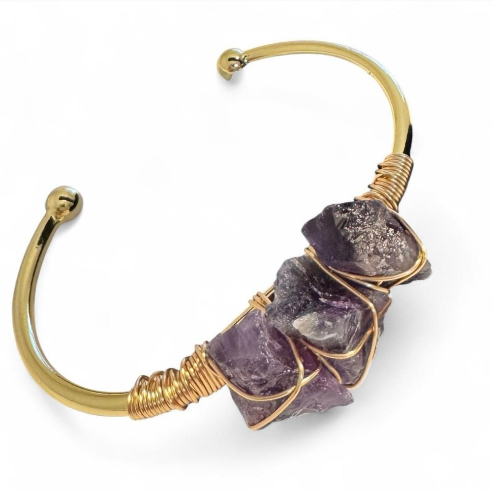 Amethyst All Natural Semi-Precious Gemstones Cuff Bracelet 18kt Gold Overlay - Picture 2 of 5